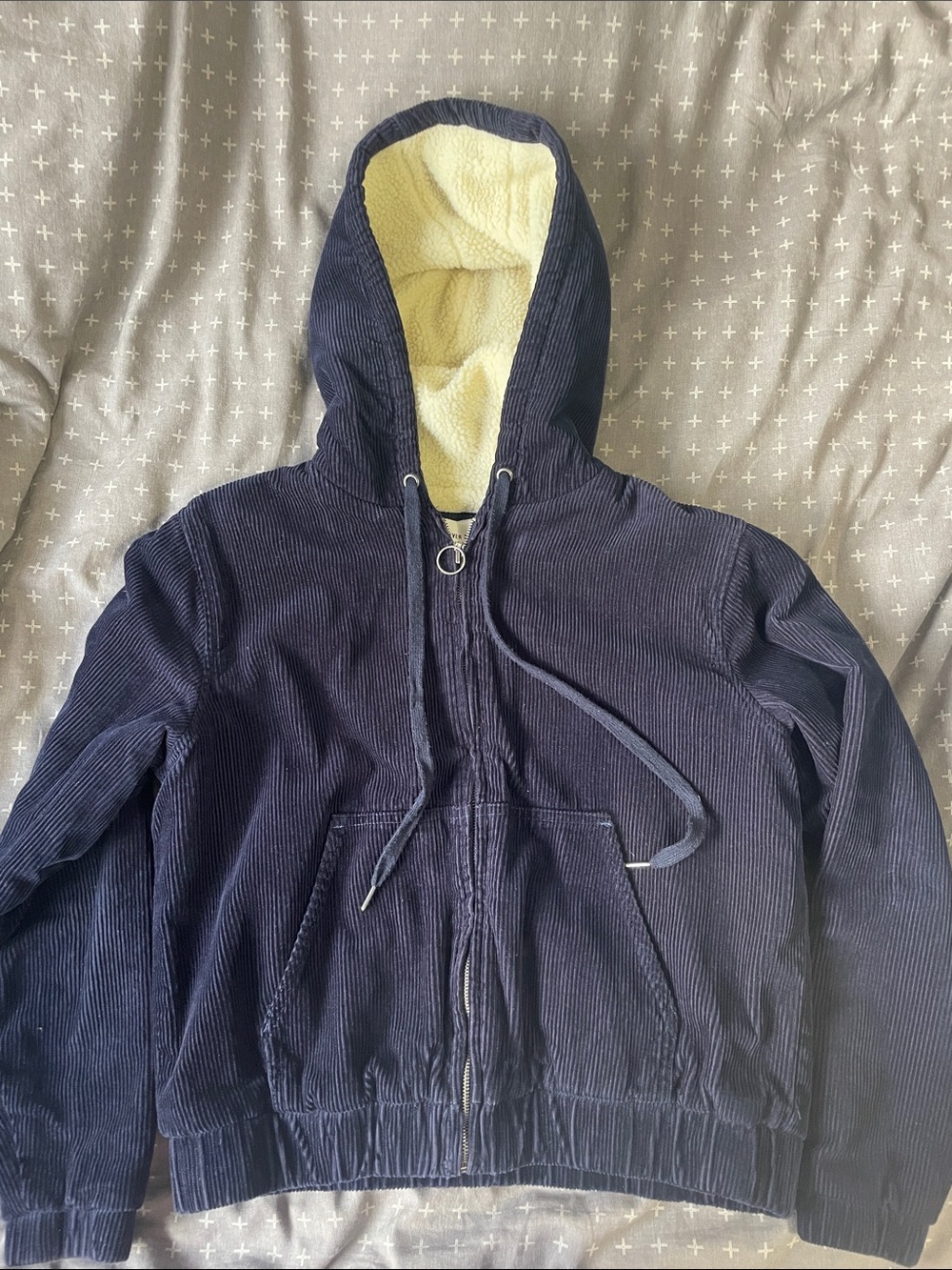 Forever 21 Navy Corduroy Hooded Jacket with Cream Sherpa Hood